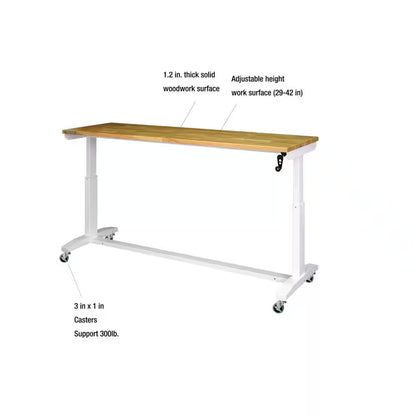 72 In. W X 24 In. D Adjustable Height White Workbench with Solid Wood Top