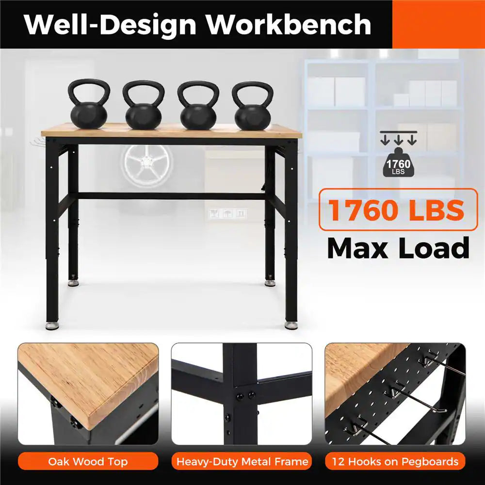 48 In. W X 24 In. D Adjustable Workbench with Solid Oak Wood Top